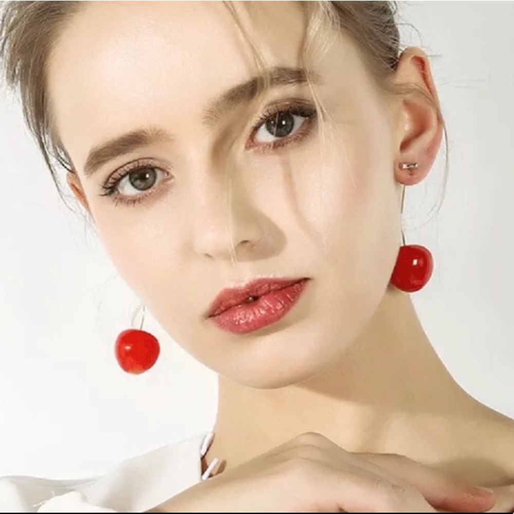 Cherry Earrings Drop Dangle Red \ NEW - Picture 2 of 8